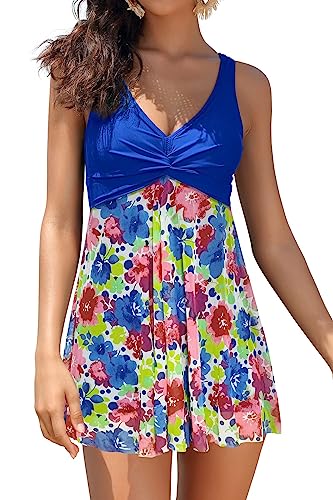 SHEKINI Damen Einteilige Badeanzug Einteilige Badeanzugkleid Badekleid Schwimmrock Retro Ruched Bauchweg V-Ausschnitt Schwimmkleid Baderock（M, C-Königsblau） von SHEKINI