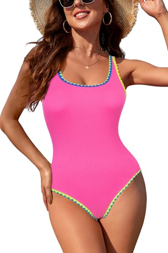 SHEKINI Damen Einteiliger Badeanzug Modest Tummy Control Neon Sport Badeanzug 2025（L，Rosa） von SHEKINI