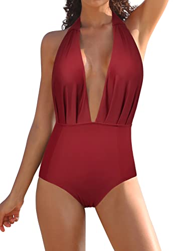 SHEKINI Damen Einteiliger Badeanzug Rückenfrei Monokini Bademode Verstellbar Neckholder Tiefen V Ausschnitt Strandmode(XXL, Weinrot) von SHEKINI