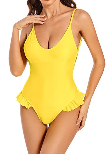 SHEKINI Damen Einteiliger Badeanzug Niedriger Kragen Verstellbar Sexy Rüschen Design Bademode Brasilien Tanga Rückenfrei Monokini Strandmode(M,Gelb) von SHEKINI