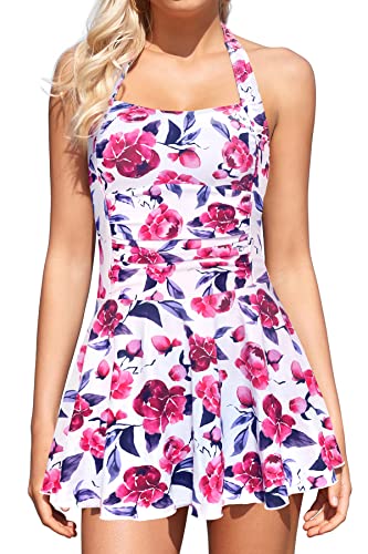 SHEKINI Damen Einteiliger Badeanzug Quadratischer Kragen Verstellbar Neckholder Badekleid Damen Chic Ruched Badeanzug Damen Bauchweg Baderock(L,Rosa Blumen) von SHEKINI