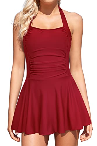 SHEKINI Damen Einteiliger Badeanzug Quadratischer Kragen Verstellbar Neckholder Badekleid Damen Chic Ruched Badeanzug Damen Bauchweg Baderock(M,Weinrot) von SHEKINI