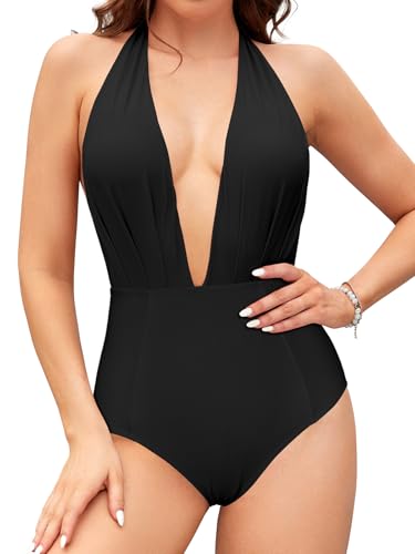 SHEKINI Damen Einteiliger Badeanzug Rückenfrei Monokini Bademode Verstellbar Neckholder Tiefen V Ausschnitt Strandmode(M, Schwarz) von SHEKINI