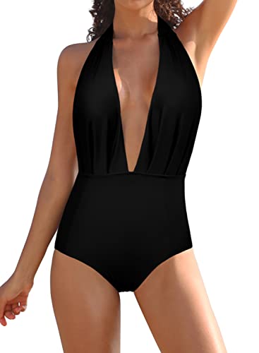 SHEKINI Damen Einteiliger Badeanzug Rückenfrei Monokini Bademode Verstellbar Neckholder Tiefen V Ausschnitt Strandmode（XS, Schwarz von SHEKINI