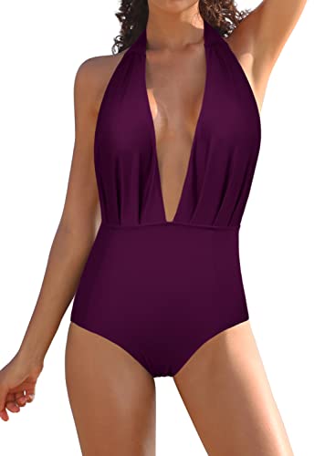SHEKINI Damen Einteiliger Badeanzug Rückenfrei Monokini Bademode Verstellbar Neckholder Tiefen V Ausschnitt Strandmode (L, Lila) von SHEKINI