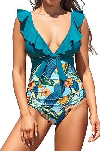 SHEKINI Damen Einteiliger Badeanzug Rüschen Tiefer V Ausschnitt Monokini Cutout Bauchweg Bademode Crossover Zurück Strandmode Große Größe Gepolstert Badebekleidung (M,Dunkelgrün) von SHEKINI