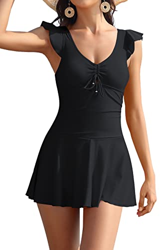 SHEKINI Damen Einteiliger Badeanzug Schwimmkleid Niedriger Kragen Verstellbar Rückenfrei Badekleid Rüschen Ruched Bauchweg Bademode Badeanzugkleid(S,Schwarz) von SHEKINI