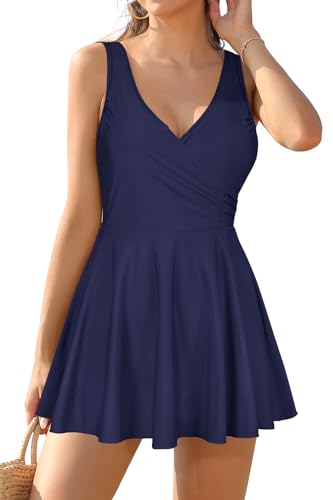 SHEKINI Damen Einteiliger Badeanzug Schwimmrock Feste Träger V-Ausschnitt Kreuz Ruched Bauchweg Badekleid Damen Gedruckt Schwimmkleid für Frauen(XL,Dunkelblau) von SHEKINI