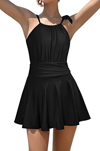 SHEKINI Damen Einteiliger Badeanzug Schwimmrock Niedriger Kragen Verstellbar Kordelzug Neckholder Rückenfrei Badekleid Damen Ruched Gedruckt Bauchweg Schwimmkleid(S,Schwarz) von SHEKINI