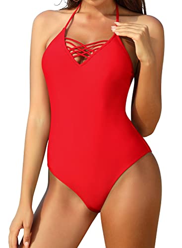 SHEKINI Damen Einteiliger Badeanzug Tiefen V-Ausschnitt Kreuz Cut Out Bademode Verstellbar Neckholder Rückenfrei Monokini Swimsuit（M,Rot） von SHEKINI