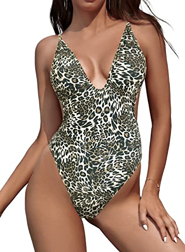 SHEKINI Damen Einteiliger Badeanzug Tiefen V Ausschnitt Rückenfrei Verstellbar Bademode Hoher Schnitt Brasilien Tanga Monokini Strandmode (M,Leopard) von SHEKINI