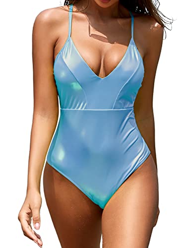 SHEKINI Damen Einteiliger Badeanzug Tiefen V-Ausschnitt Glänzend Bademode Rückenfrei Verstellbarer Kreuzgurte Monokini Badeanzüge für Frauen（S, Fluoreszierendes Blau von SHEKINI