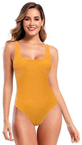 SHEKINI Damen Einteiliger Badeanzug Breite Träger Jacquard Bauchweg Bademode Tiefen U Rückenfrei Slim Swimsuit（S,Erdiges Gelb） von SHEKINI