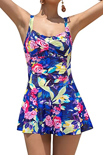 SHEKINI Damen Einteiliger Badeanzug Twisted Retro Badeanzugkleid Verstellbarer Schwimmkleid Bauchweg Ruched Bauchkontrolle Badekleid Bademode für Frauen(M,Dunkelblau-SL) von SHEKINI