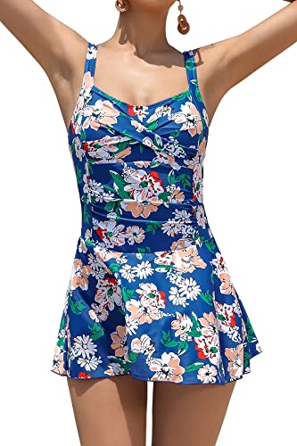 SHEKINI Damen Einteiliger Badeanzug Twisted Retro Badeanzugkleid Verstellbarer Schwimmkleid Bauchweg Ruched Bauchkontrolle Badekleid Bademode für Frauen(XXL,Blau-LD) von SHEKINI