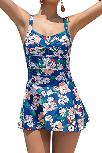 SHEKINI Damen Einteiliger Badeanzug Retro Badeanzugkleid Elegant Schwimmkleid Ruched Bauchweg Badekleid Große Größe Schwimmrock für Frauen(XXL,Blau-LD) von SHEKINI
