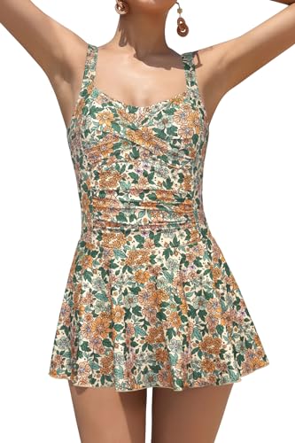 SHEKINI Damen Einteiliger Badeanzug Twisted Retro Badeanzugkleid Verstellbarer Schwimmkleid Bauchweg Ruched Bauchkontrolle Badekleid Bademode für Frauen (L,Off-White floral Bedruckt) von SHEKINI