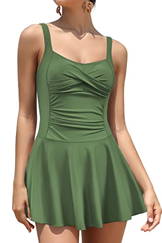 SHEKINI Damen Einteiliger Badeanzug Retro Badeanzugkleid Elegant Schwimmkleid Ruched Bauchweg Badekleid Große Größe Schwimmrock für Frauen (M,Olivgrün) von SHEKINI