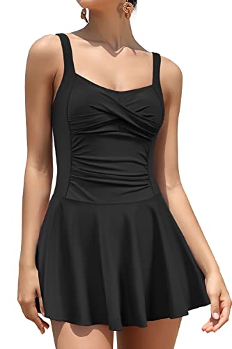 SHEKINI Damen Einteiliger Badeanzug Twisted Retro Badeanzugkleid Verstellbarer Schwimmkleid Bauchweg Ruched Bauchkontrolle Badekleid Bademode für Frauen (M,Schwarz) von SHEKINI