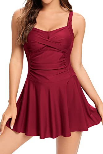 SHEKINI Damen Einteiliger Badeanzug Retro Badeanzugkleid Elegant Schwimmkleid Ruched Bauchweg Badekleid Große Größe Schwimmrock für Frauen (S,Weinrot) von SHEKINI