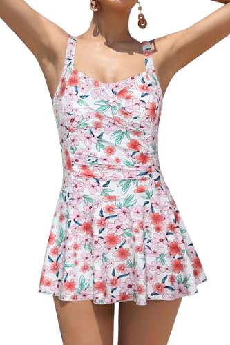 SHEKINI Damen Einteiliger Badeanzug Twisted Retro Badeanzugkleid Verstellbarer Schwimmkleid Bauchweg Ruched Bauchkontrolle Badekleid Bademode für Frauen (XL, Die Rosa Blumen) von SHEKINI