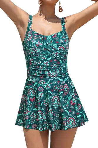 SHEKINI Damen Einteiliger Badeanzug Retro Badeanzugkleid Elegant Schwimmkleid Ruched Bauchweg Badekleid Große Größe Schwimmrock für Frauen (XXL,Tiefgrün floral Bedruckt) von SHEKINI