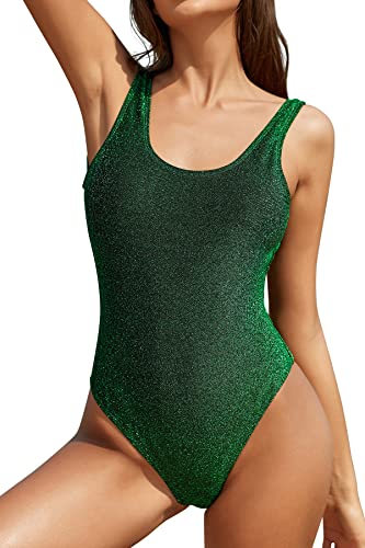 SHEKINI Damen Einteiliger Badeanzug U Ausschnitt Breite Träger Rückenfrei Chic Glänzend Bademode Slim Strandmode Swimsuit Badeanzug Damen(M,Grün) von SHEKINI