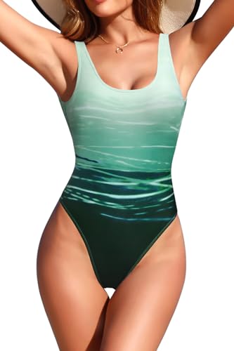 SHEKINI Damen Einteiliger Badeanzug U Ausschnitt Sport Bauchweg Bademode Rückenfrei Monokini Swimsuit Slim Strandmode（L，Grüner Farbverlauf） von SHEKINI