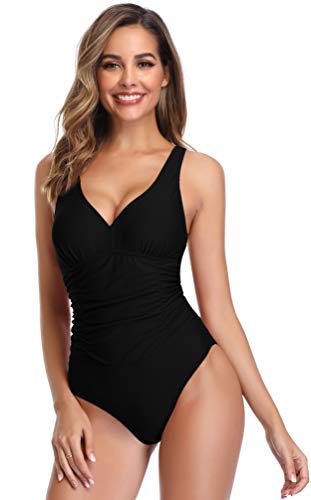 SHEKINI Damen Einteiliger Badeanzug V Ausschinitt Ruched Bauchweg Bademode Verstellbar Rückenfrei Slim Strandmode（XL, Schwarz） von SHEKINI