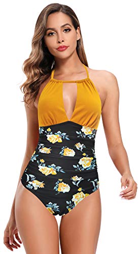 SHEKINI Damen Einteiliger Badeanzug V Ausschnitt Neckholder Kordelzug Verstellbar Monokini Strandmode für Frauen (Gelb, XL) von SHEKINI