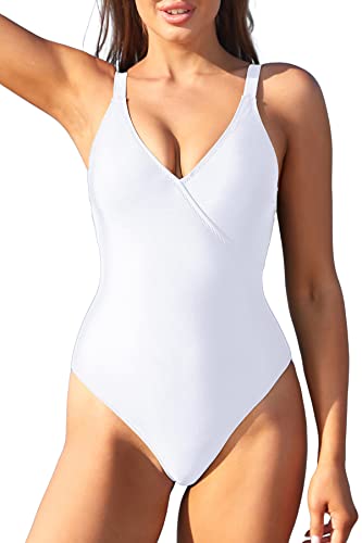 SHEKINI Damen Einteiliger Badeanzug V Ausschnitt Raffung Bademode Verstellbar Rückenfrei Figurformend Strandmode Swimsuit(M,Weiß) von SHEKINI