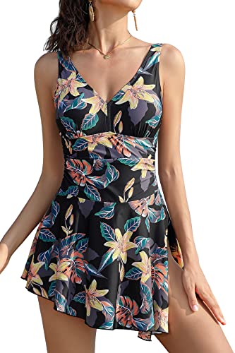 SHEKINI Damen Einteiliger Badeanzug V-Ausschnitt Rückenfrei Irregulär Schlitz Badekleid Damen Ruched Badeanzug Damen Bauchweg Schwimmkleid(L,Blätter HD) von SHEKINI