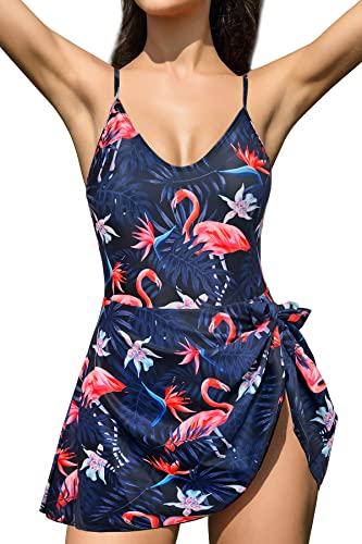 SHEKINI Damen Einteiliger Badeanzug V-Ausschnitt Verstellbar Träger Rückenfrei Chic Badekleid Damen Bauchweg Bademode Schwimmkleid(M,Flamingos) von SHEKINI