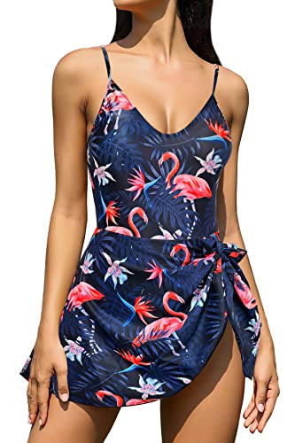 SHEKINI Damen Einteiliger Badeanzug V-Ausschnitt Verstellbar Träger Rückenfrei Chic Badekleid Damen Bauchweg Bademode Schwimmkleid(M,Flamingos) von SHEKINI