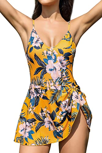 SHEKINI Damen Einteiliger Badeanzug V-Ausschnitt Verstellbar Träger Rückenfrei Chic Badekleid Damen Bauchweg Bademode Schwimmkleid(M,Gelb) von SHEKINI