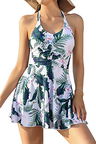 SHEKINI Damen Einteiliger Badeanzug Verstellbar Neckholder Baderock Ruched Bikini Damen Bauchweg Gedruckt Schwimmkleid Elegant Badekleid Damen(L,Grüne Blätter) von SHEKINI