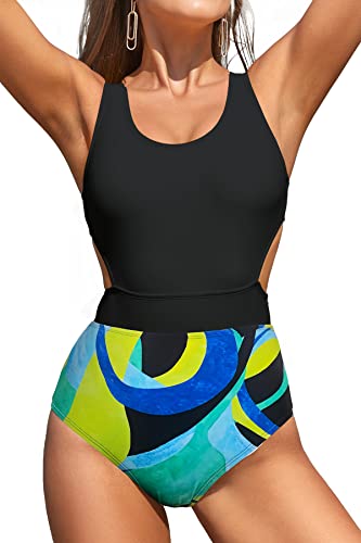 SHEKINI Damen Einteiliger Badeanzug Verstellbar Reißverschluss Ärmellos Bauchweg Bademode Splice Gedruckt Sport Swimsuit(M,Schwarz) von SHEKINI