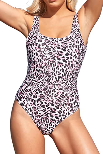 SHEKINI Damen Einteiliger Bauchweg Badeanzug Gedruckt Breite Träger Tiefen U Rückenfrei Bademode Sport Monokini Swimsuit（S, Leopard） von SHEKINI