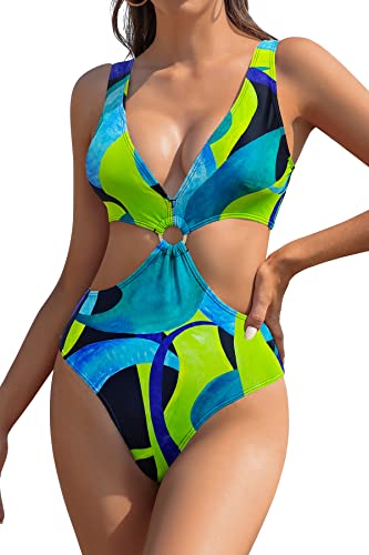 SHEKINI Damen Einteiliger Bauchweg Badeanzug Tiefen V Ausschnitt Raffungen Bademode Rückenfrei Monokini Gedruckt Strandmode Swimsuit(L,Grün) von SHEKINI