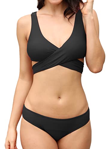 SHEKINI Einstellbar Bikini Damen Set Crossover Design Bikinioberteil Sexy Zweiteiliger Badeanzug Damen Triangle Bikinihose(M, Schwarz) von SHEKINI