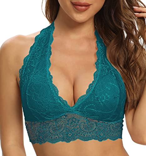 SHEKINI Neckholder BH Bralette Damen Spitze Blumen Bustier Crop Top Triangel BH ohne Bügel Abnehmbare Gepolstert BH Tiefer Ausschnitt Corset Top Sexy Unterwäsche(Blaugrün,S) von SHEKINI