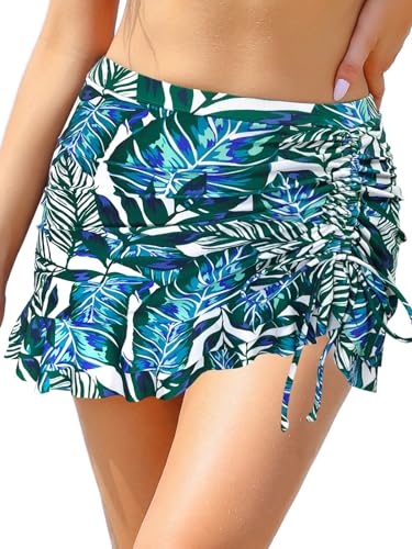 SHEKINI Damen Elegant Bademode Kurze Rock Bikinirock Eingebaut Bikinihose Sportrock Kordelzug Schwimmrock Strandbikini（L, Blätter） von SHEKINI