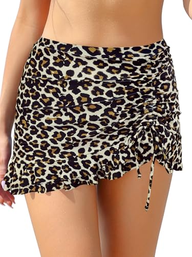 SHEKINI Damen Elegant Bademode Kurze Rock Bikinirock Eingebaut Bikinihose Sportrock Kordelzug Schwimmrock Strandbikini（L, Leopard） von SHEKINI