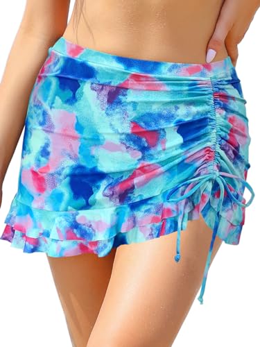 SHEKINI Damen Elegant Bademode Kurze Rock Bikinirock Eingebaut Bikinihose Sportrock Kordelzug Schwimmrock Strandbikini（L, Tie-Dye） von SHEKINI