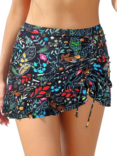 SHEKINI Damen Elegant Bademode Kurze Rock Bikinirock Eingebaut Bikinihose Sportrock Kordelzug Schwimmrock Strandbikini (Bunte Blumen, L) von SHEKINI