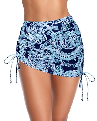 SHEKINI Damen Elegant Bademode Kurze Rock Bikinirock Eingebaut Bikinihose Sportrock Tunnelzug Schwimmrock Strandbikini(M, Retro Streifen) von SHEKINI