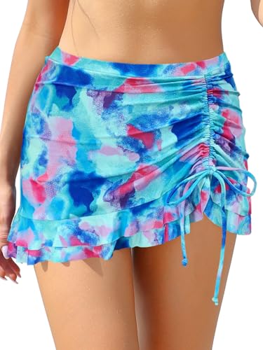 SHEKINI Damen Elegant Bademode Kurze Rock Bikinirock Eingebaut Bikinihose Sportrock Kordelzug Schwimmrock Strandbikini（M, Tie-Dye） von SHEKINI