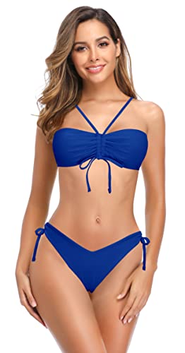 SHEKINI Damen Elegant Bandeau Bikini Set Verstellbar Kordelzug Rückenfrei Zweiteiliger Badeanzug Cutout Ties up V-förmige Triangel Badehose Bikinihose Bademode (S, Königsblau B) von SHEKINI