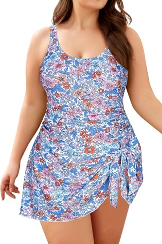 SHEKINI Damen Elegant Einteiliger Badeanzug Gepolstert Badekleid Große Größe Bademode Bauchweg Große Oberweite Badeanzugkleid Einstellbar Schwimmkleid Baderock（XXL,Blumendruck L） von SHEKINI