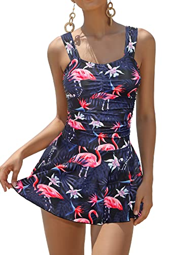 SHEKINI Damen Elegant Einteiliger Badeanzug Gepolstert Badekleid Ruched Badeanzug Damen Cutout Kordelzug Bauchweg Badekleider Damen(M,Flamingos) von SHEKINI